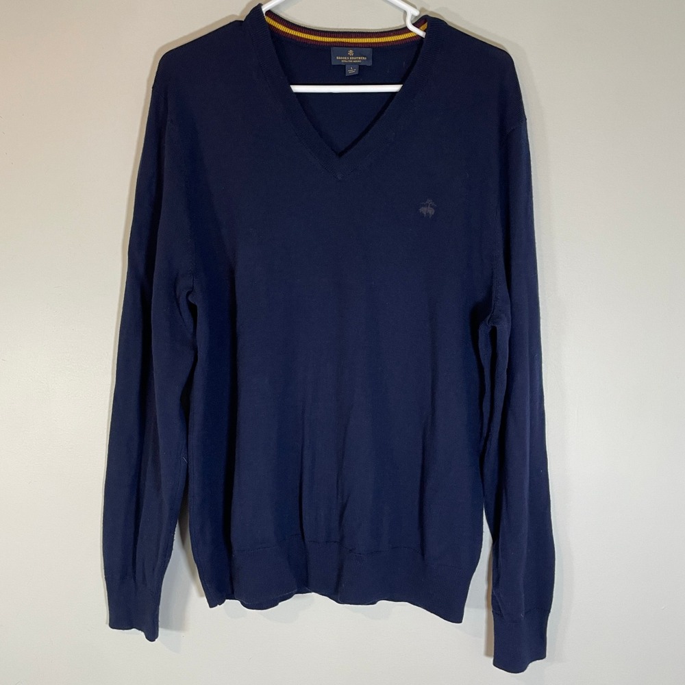 Brooks Brothers Mens Navy Blue Extra Fine Merino Wool V-Neck Sweater Large